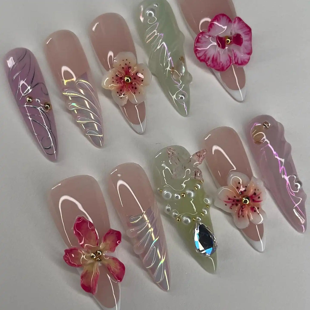Handmade Blossom Pearls Glitter Press on Nails D79