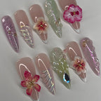 Handmade Blossom Pearls Glitter Press on Nails D79