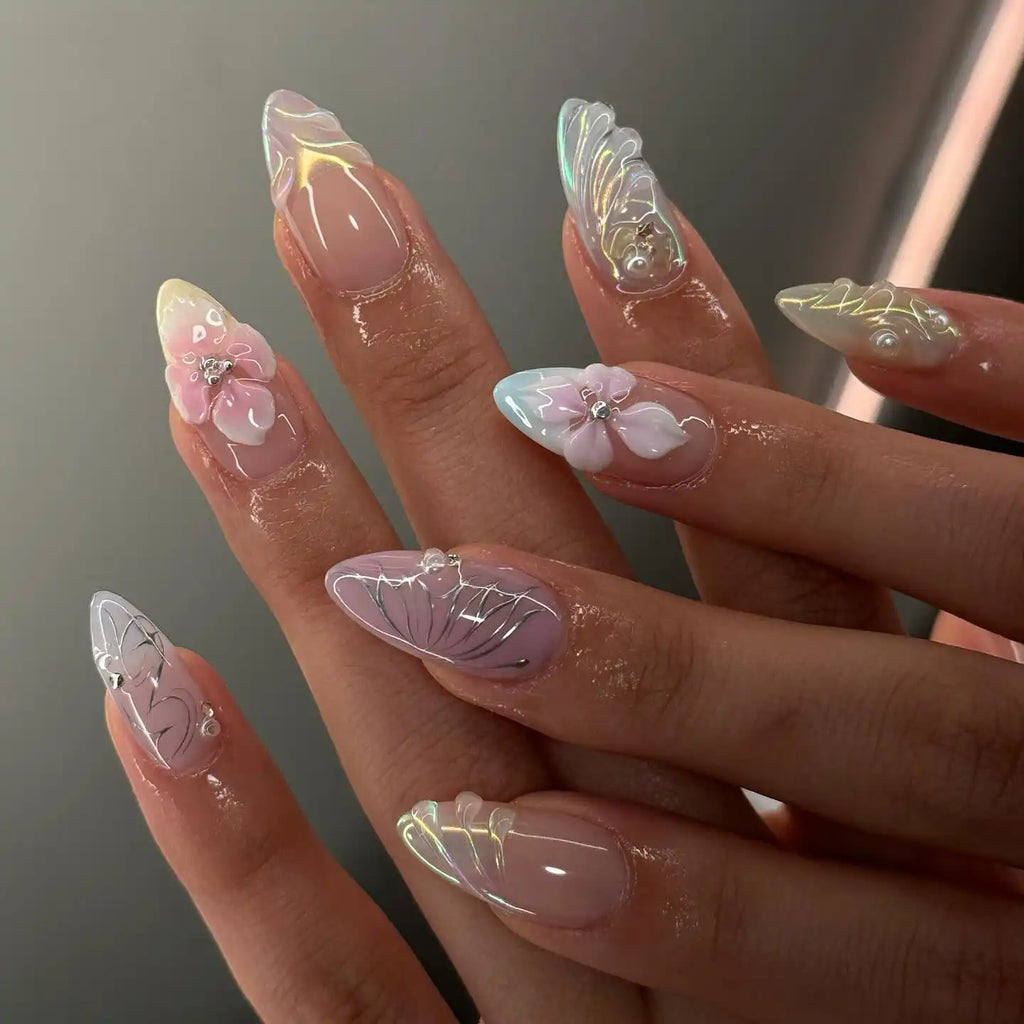 Handmade Blossom Silver Butterfly 3D Press on Nails W86
