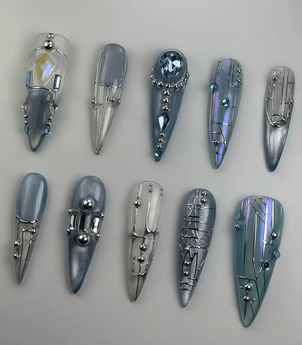 Handmade Blue Chrome Jewel Silver Metallic Glam Press on Nails V25