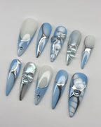 Handmade Blue Chrome Silver Bow Star Charm Fantasy Press on Nails A29