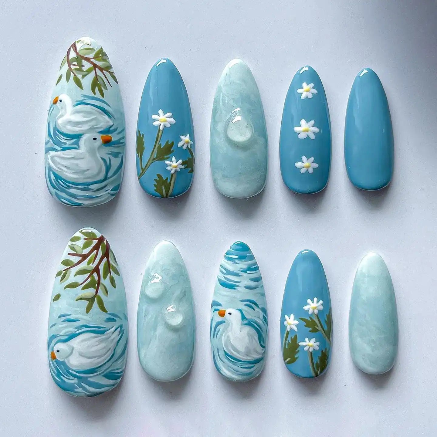 Handmade Blue Duck Pond and Daisies Spring Art Press on Nails E05