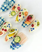Handmade Blue Gingham Bow & 3D Mixed Fruit Picnic Press on Nails X96