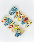 Handmade Blue Gingham Bow & 3D Mixed Fruit Picnic Press on Nails X96