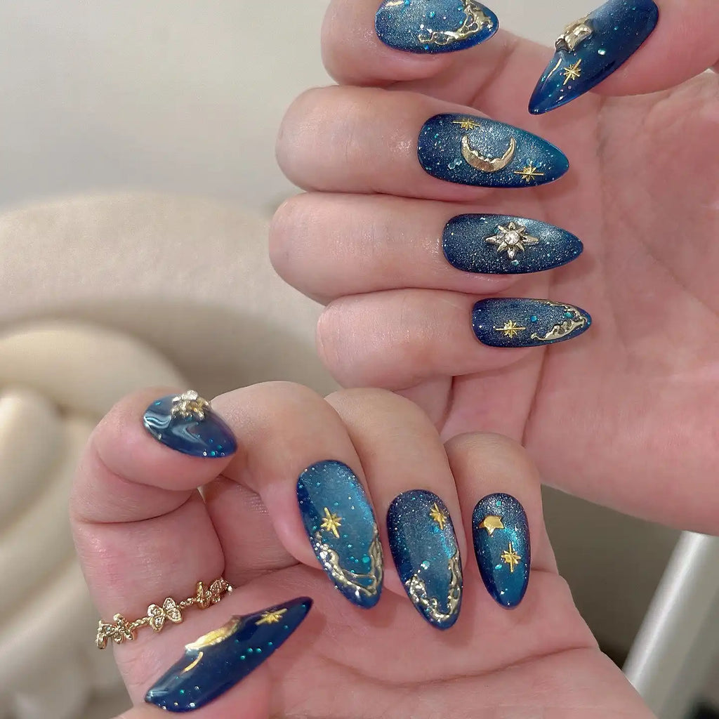 Handmade Blue Glitter Gold Moon Star Celestial Galaxy Press on Nails T75