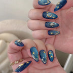 Handmade Blue Glitter Gold Moon Star Celestial Galaxy Press on Nails T75