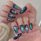 Handmade Blue Glitter Gold Moon Star Celestial Galaxy Press on Nails T75