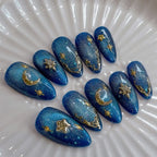 Handmade Blue Glitter Gold Moon Star Celestial Galaxy Press on Nails T75