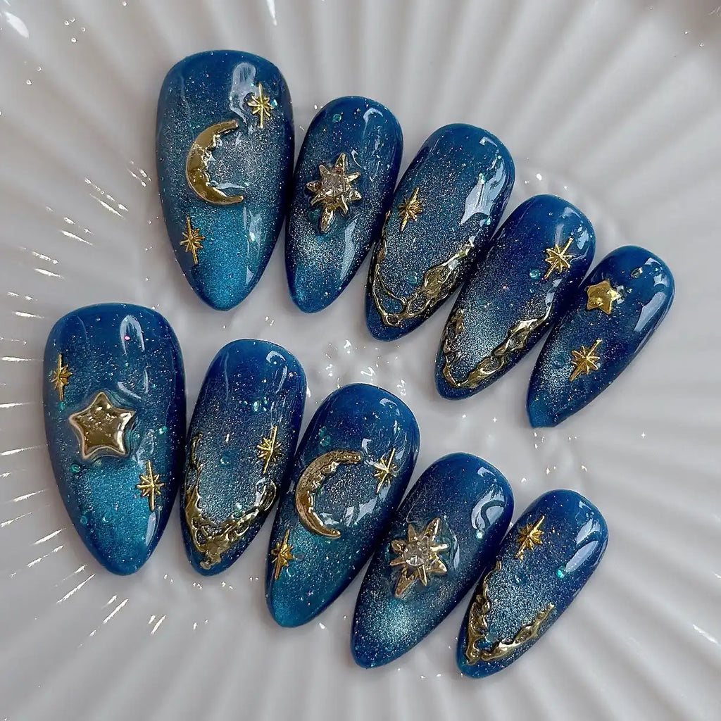 Handmade Blue Glitter Gold Moon Star Celestial Galaxy Press on Nails T75