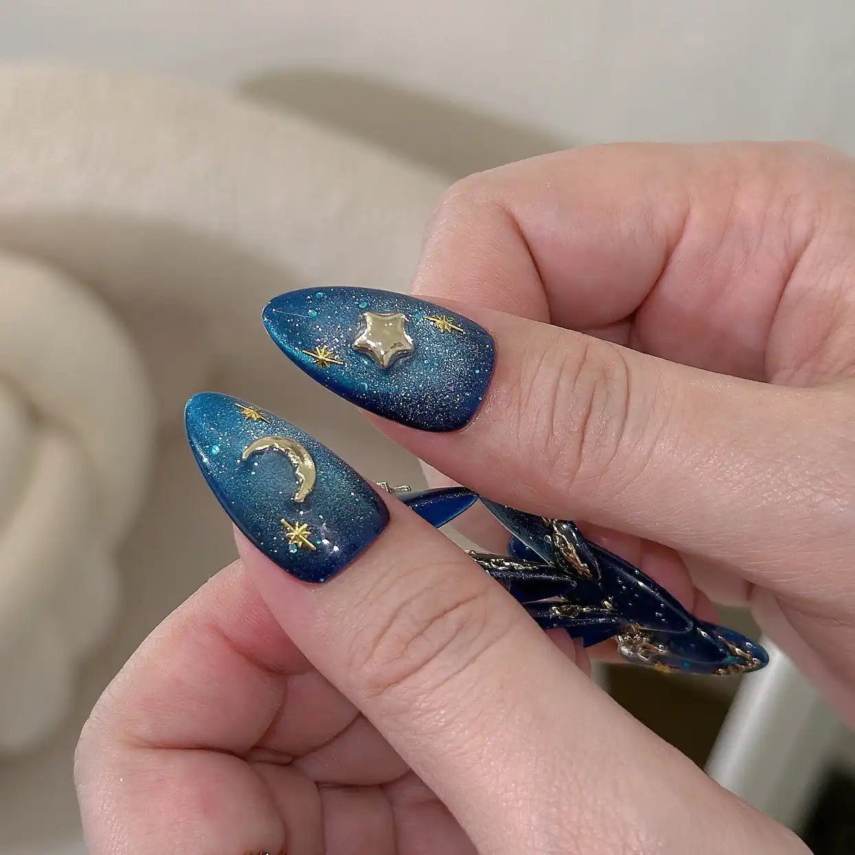 Handmade Blue Glitter Gold Moon Star Celestial Galaxy Press on Nails T75