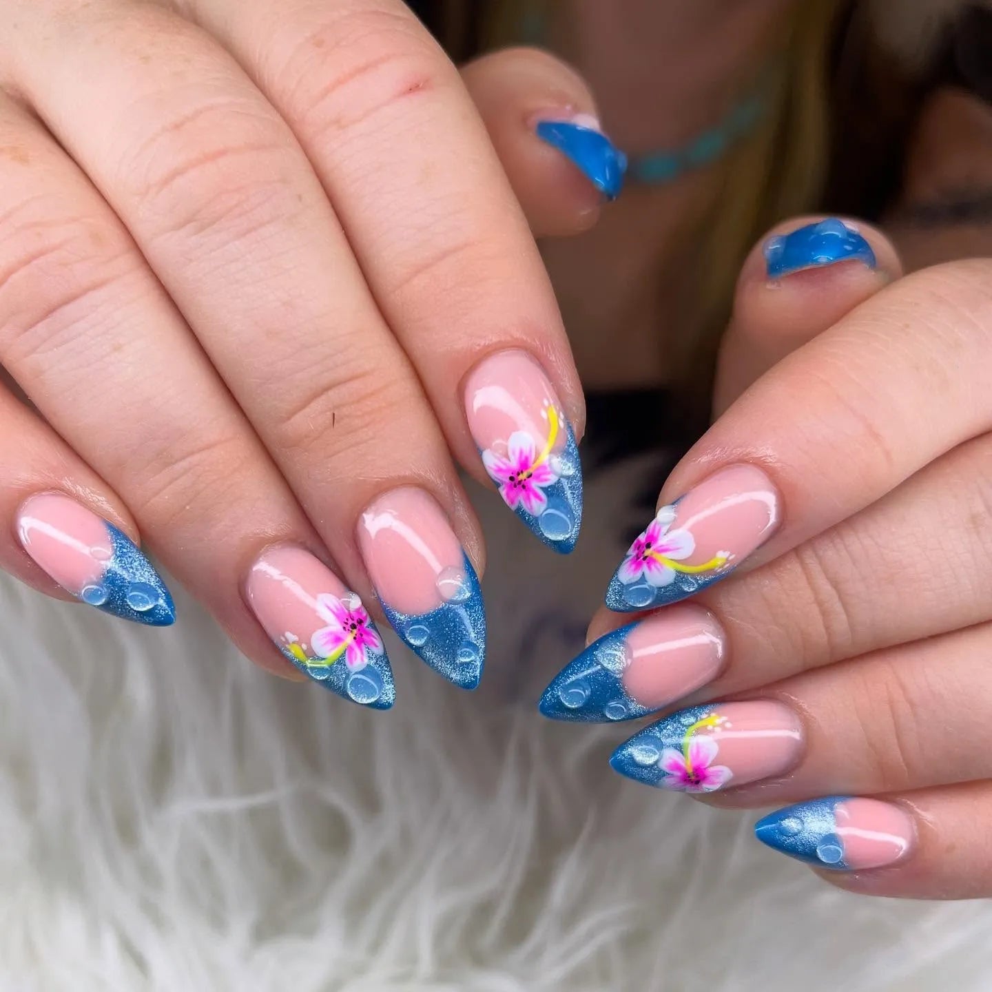 Handmade Blue Glitter Hibiscus 3D Water Droplet Floral Press on Nails F07