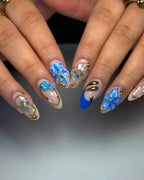 Handmade Blue Gold Floral 3D Art Royal Luxe Bohemian Press on Nails K31