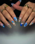 Handmade Blue Gold Floral 3D Art Royal Luxe Bohemian Press on Nails K31