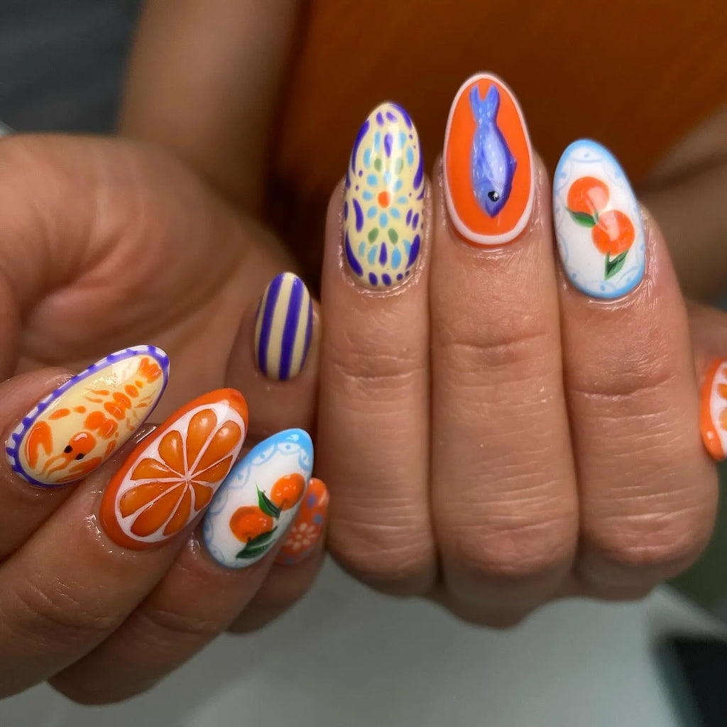 Handmade Blue Mediterranean Italian Seafood Summer Artistic Press on Nails O43