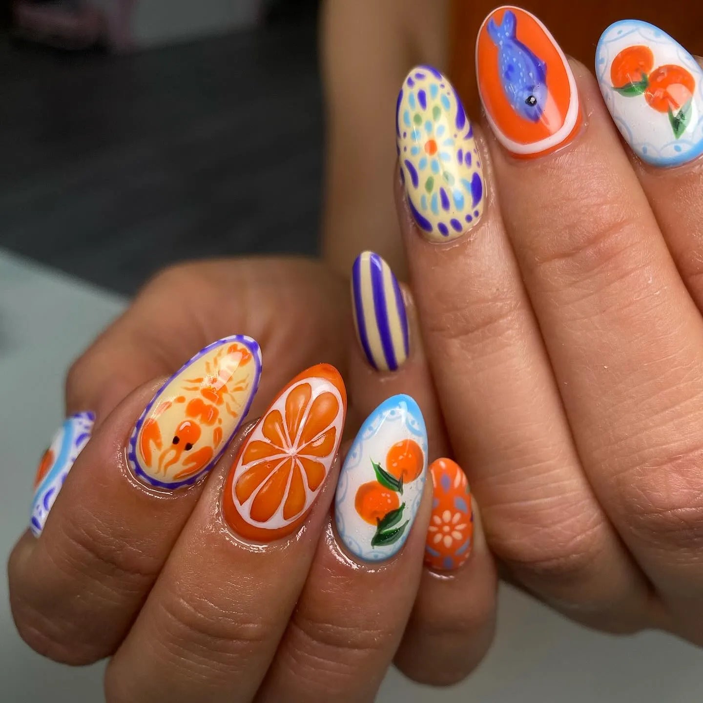 Handmade Blue Mediterranean Italian Seafood Summer Artistic Press on Nails O43