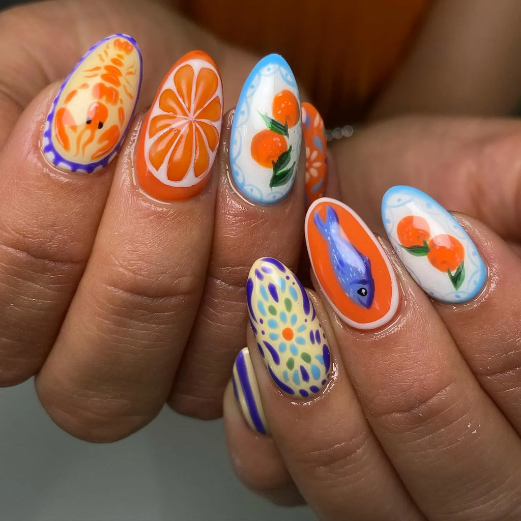 Handmade Blue Mediterranean Italian Seafood Summer Artistic Press on Nails O43