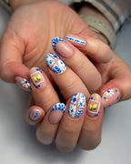 Handmade Blue Tile Lemon French Tip Artistic Press on Nails F30