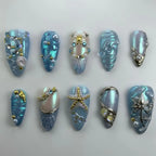 Handmade Blue Pearl Starfish Shell Ocean Fantasy Mermaid Press on Nails U78