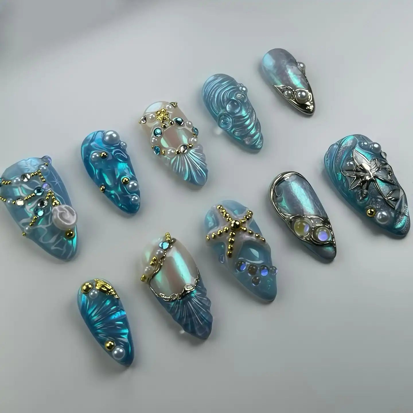 Handmade Blue Pearl Starfish Shell Ocean Fantasy Mermaid Press on Nails U78