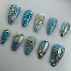 Handmade Blue Pearl Starfish Shell Ocean Fantasy Mermaid Press on Nails U78