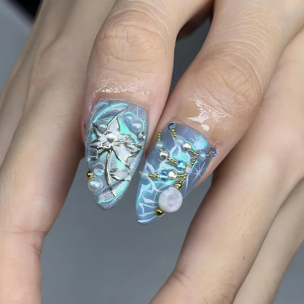 Handmade Blue Pearl Starfish Shell Ocean Fantasy Mermaid Press on Nails U78