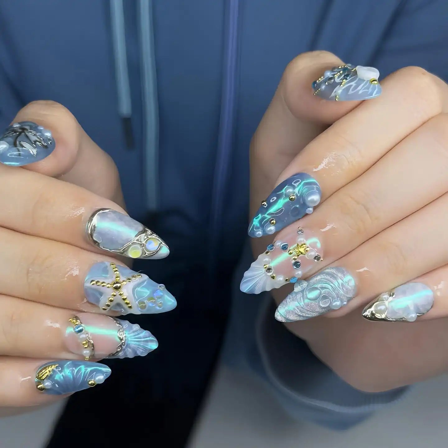 Handmade Blue Pearl Starfish Shell Ocean Fantasy Mermaid Press on Nails U78