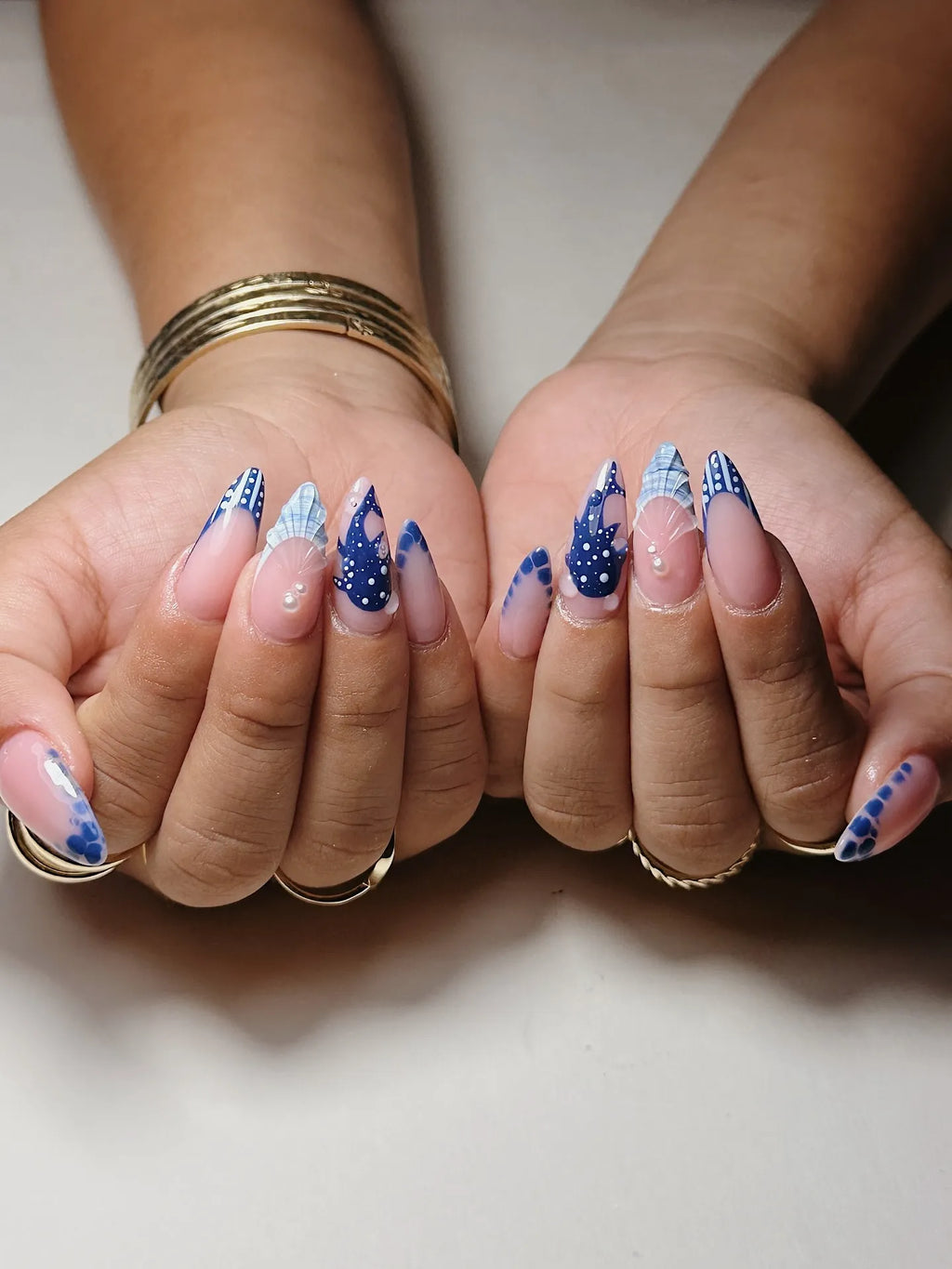 Handmade Blue Whale Shark 3D Seashell Pearl Nautical Press on Nails Y95