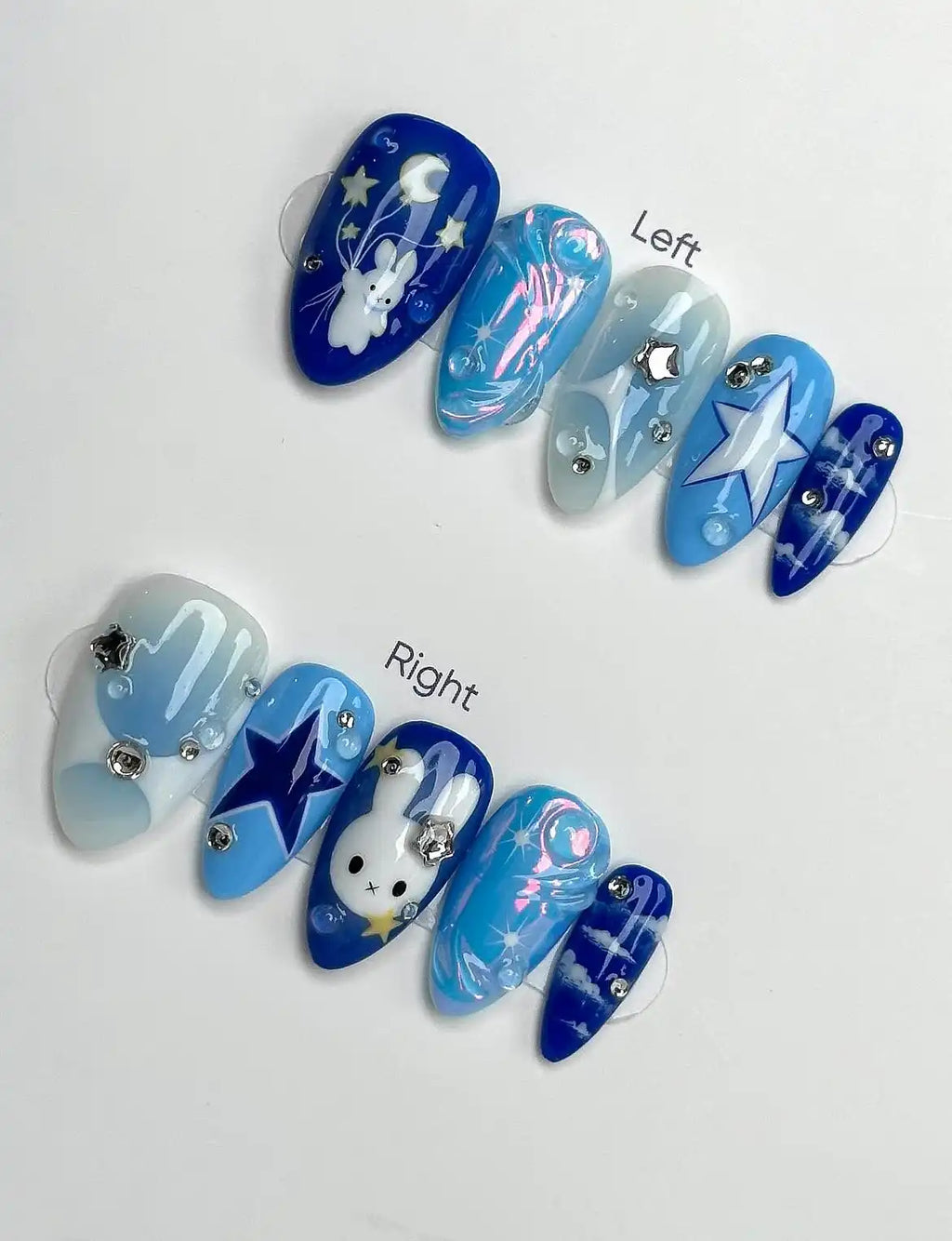 Handmade Blue White Bunny Star Cloud Moon Sky Kawaii Cute Press on Nails B73