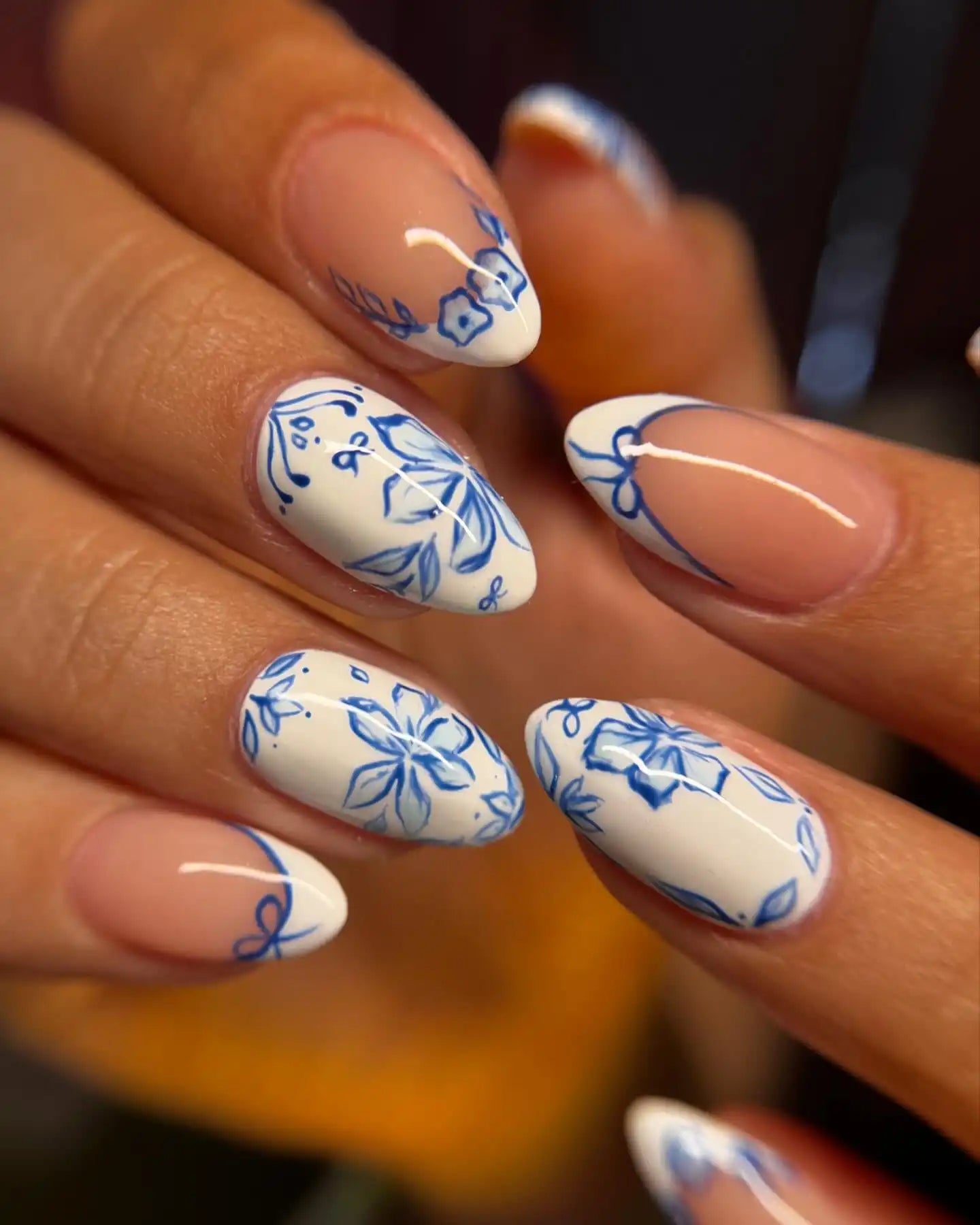 Handmade Blue White Floral Elegant Press on Nails Y61