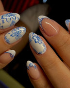 Handmade Blue White Floral Elegant Press on Nails Y61