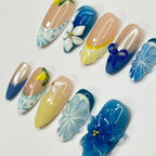 Handmade Blue Yellow Lemon Floral 3D Summer Garden Press on Nails B54