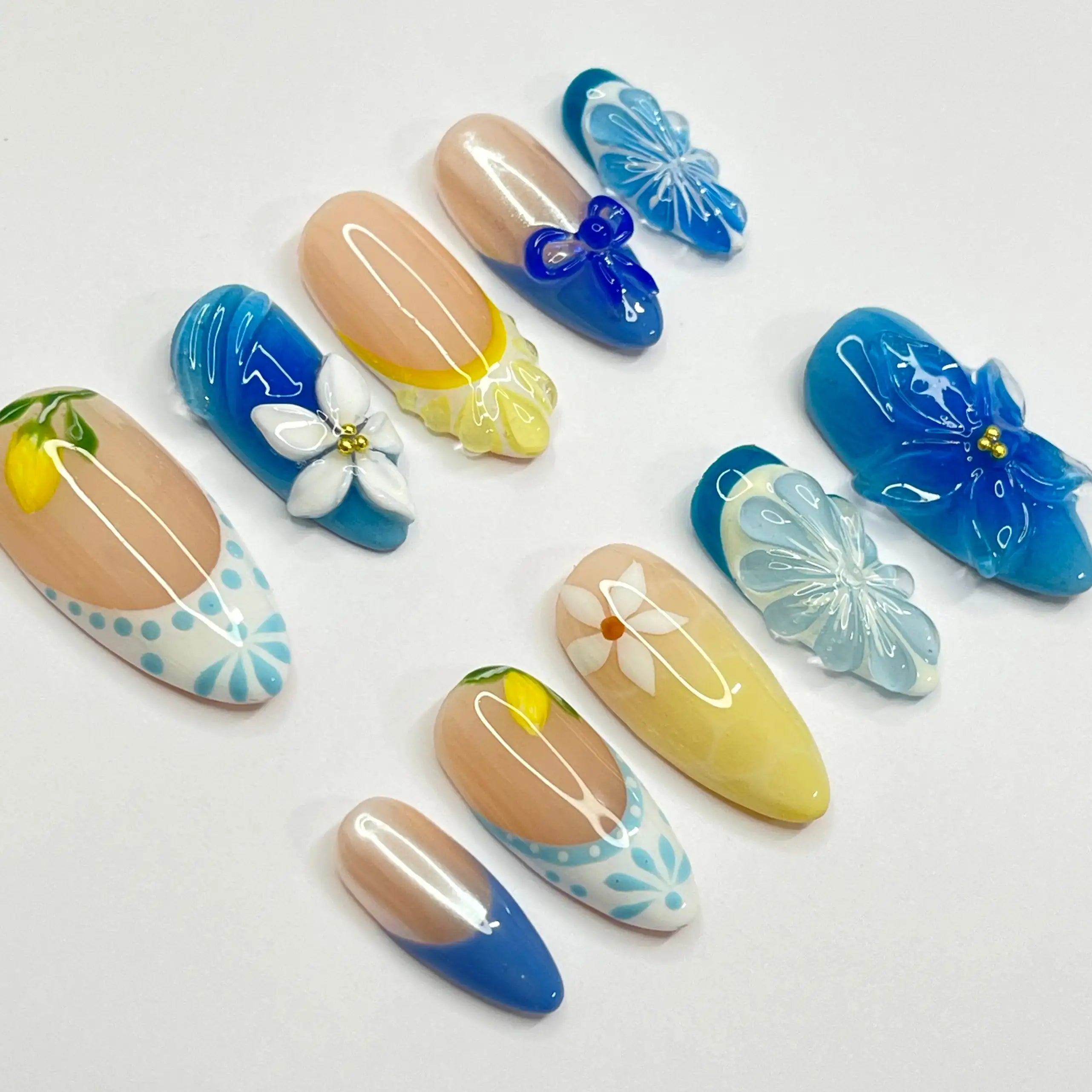 Handmade Blue Yellow Lemon Floral 3D Summer Garden Press on Nails B54