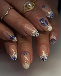 Handmade Blue and White Floral Dot Glossy Art Press on Nails N24