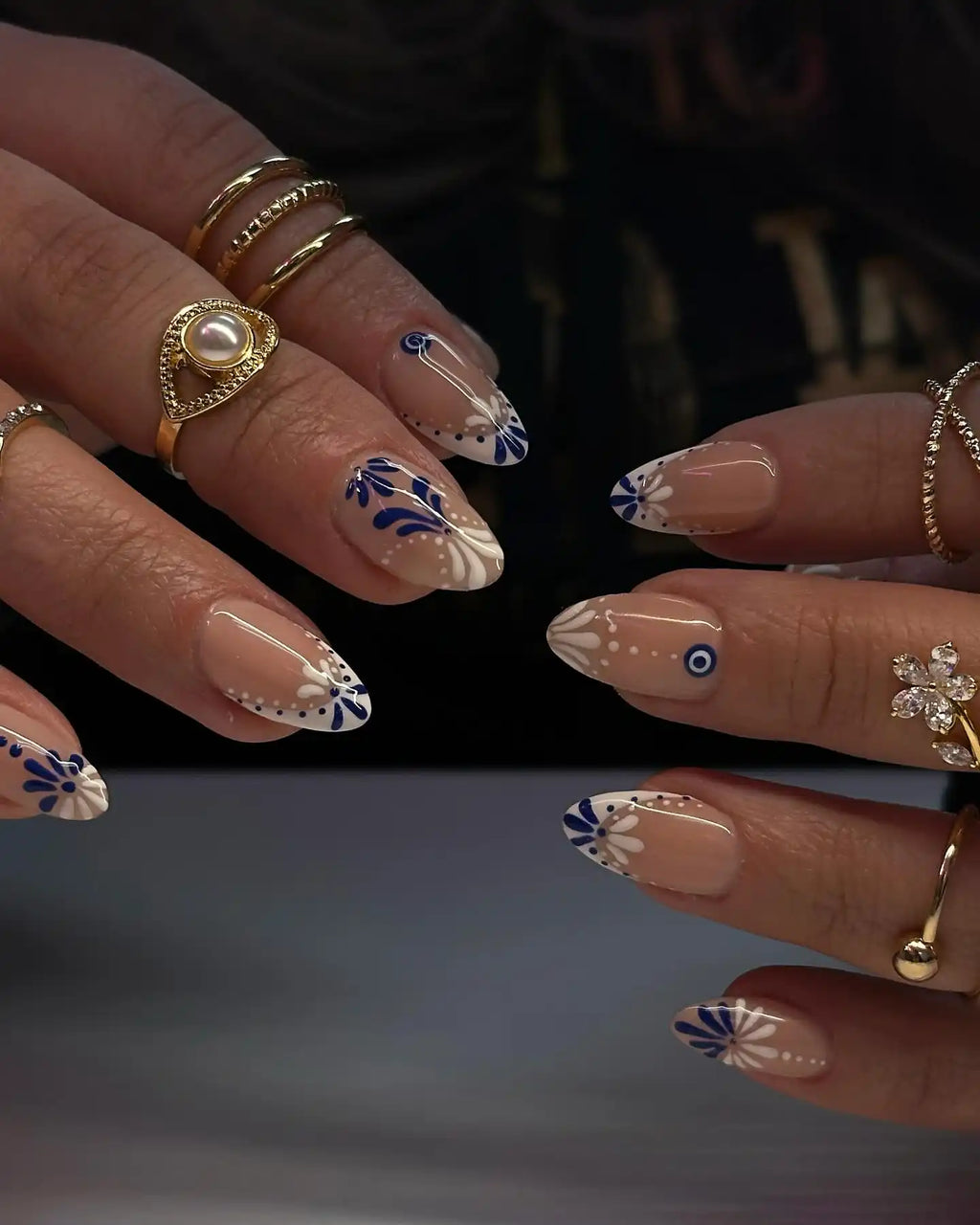 Handmade Blue and White Floral Dot Glossy Art Press on Nails N24