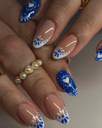 Handmade Blue and White Floral Heart Design Press on Nails Q73