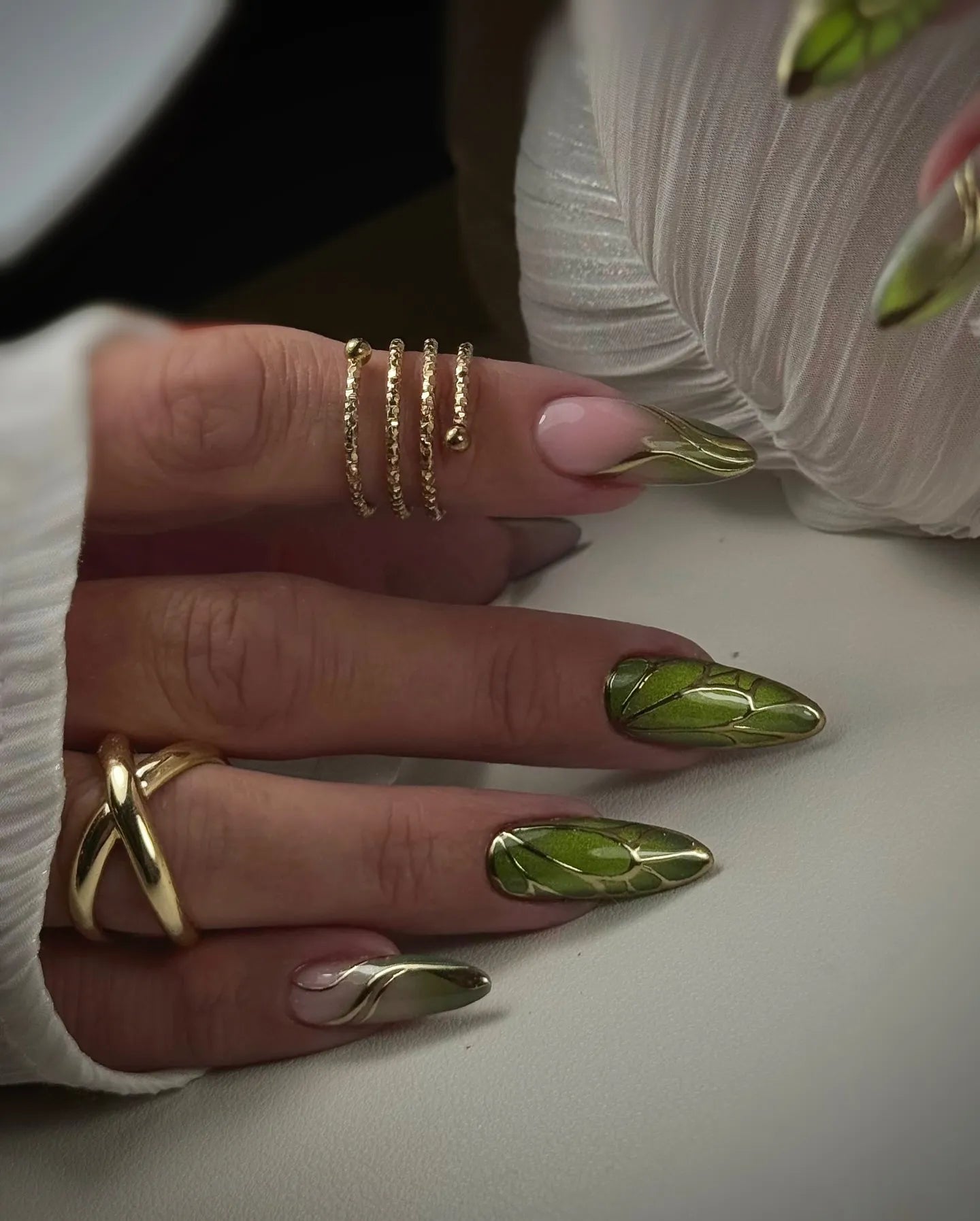 Handmade Bold Green Beetle Wings Gold Chrome Accent Nature Art Press on Nails P29
