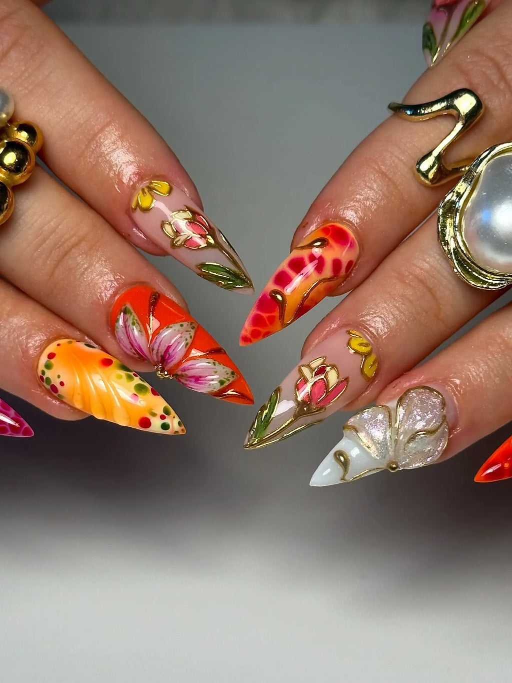 Handmade Bold Red Orange Gold 3D Floral Butterfly Luxury Fake Nails S13