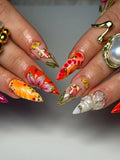 Handmade Bold Red Orange Gold 3D Floral Butterfly Luxury Fake Nails S13