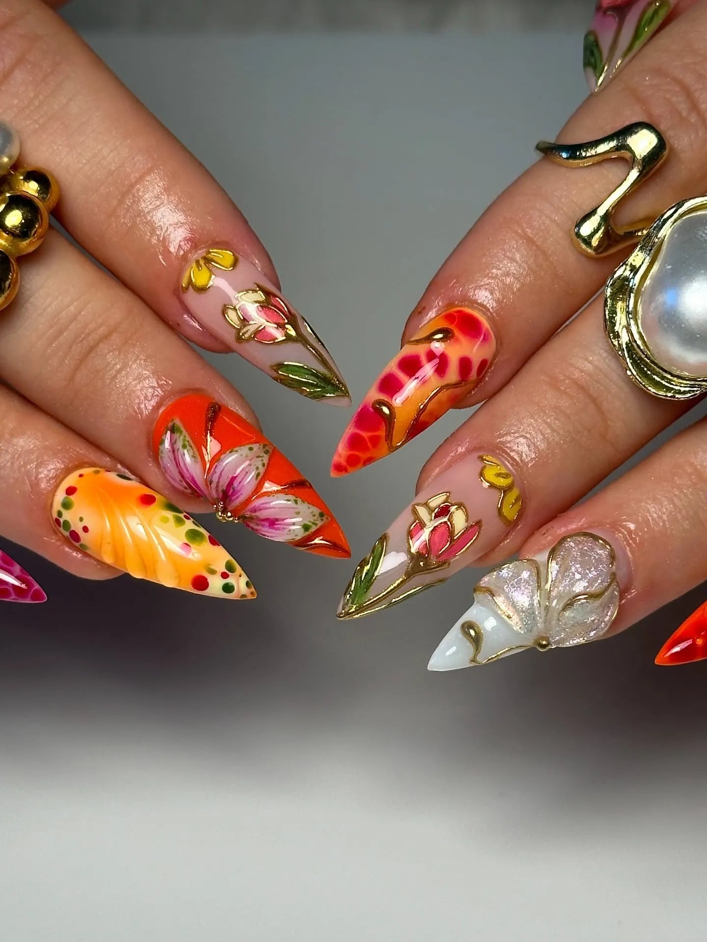 Handmade Bold Red Orange Gold 3D Floral Butterfly Luxury Fake Nails S13