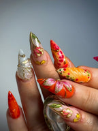 Handmade Bold Red Orange Gold 3D Floral Butterfly Luxury Fake Nails S13