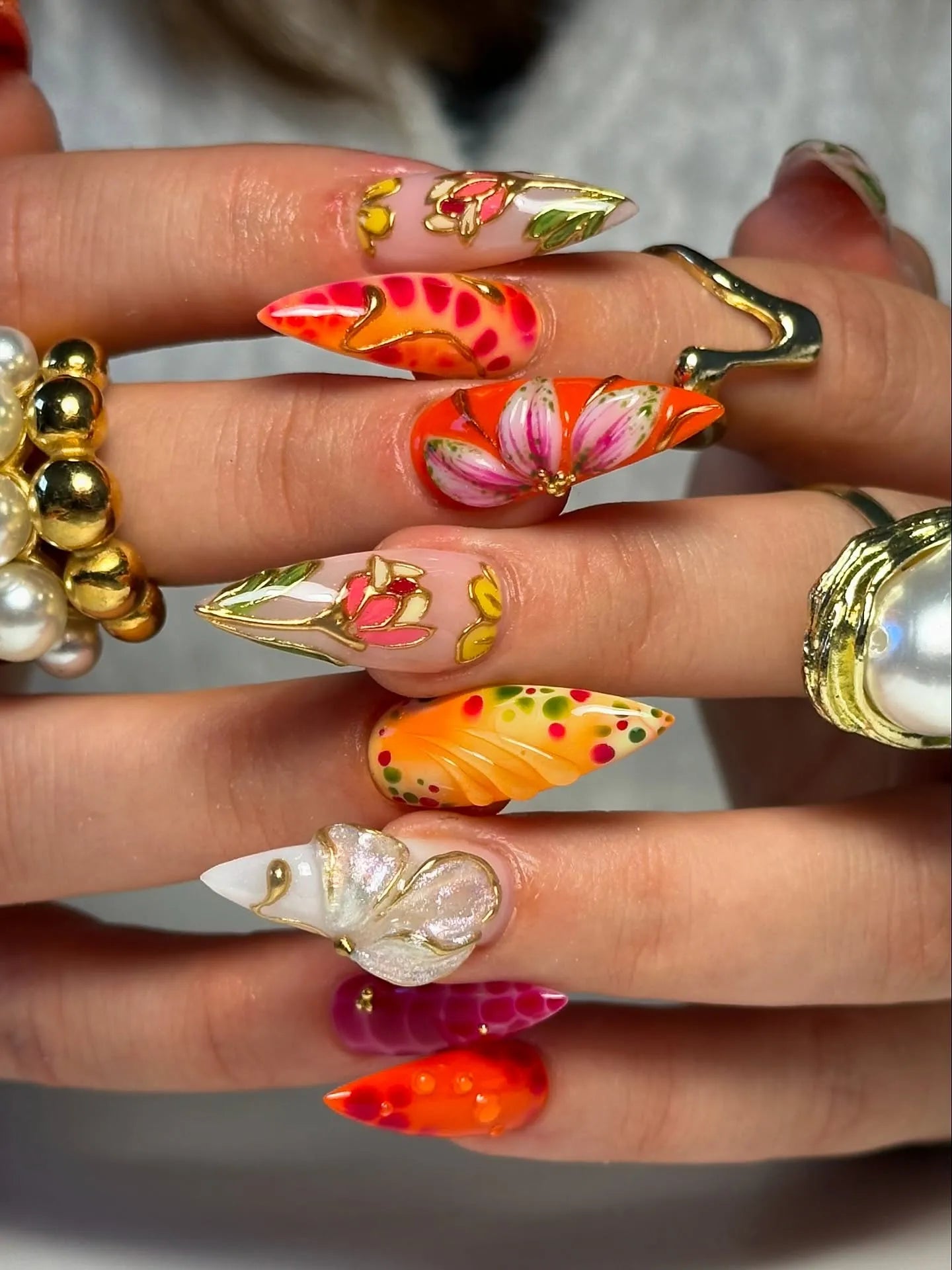 Handmade Bold Red Orange Gold 3D Floral Butterfly Luxury Fake Nails S13