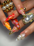 Handmade Bold Red Orange Gold 3D Floral Butterfly Luxury Fake Nails S13
