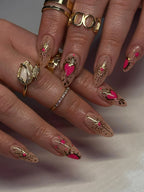 Handmade Bold Heart Gold Chrome Pink Rhinestone Fake Nails M72