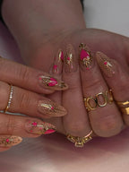 Handmade Bold Heart Gold Chrome Pink Rhinestone Fake Nails M72