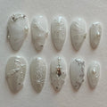 Handmade Bridal White Silver Swirl Bow Pearl Chain Luxury Press on Nails S84