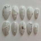 Handmade Bridal White Silver Swirl Bow Pearl Chain Luxury Press on Nails S84