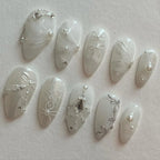 Handmade Bridal White Silver Swirl Bow Pearl Chain Luxury Press on Nails S84