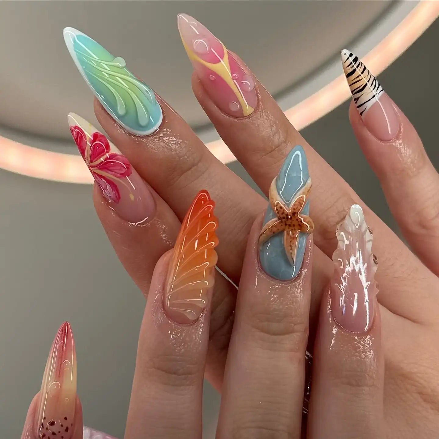 Handmade Bright Colorful Starfish Seashell Summer Fake Nails G91