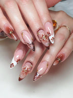 Handmade Brown Floral Bronze Chrome Metallic Stud Art Press on Nails W48