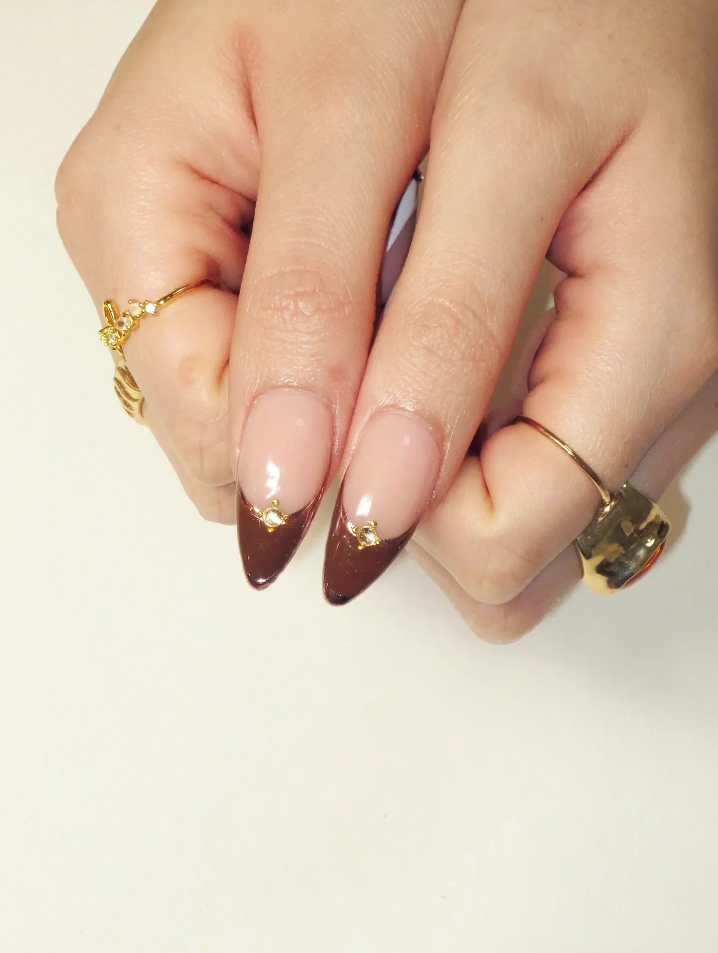 Handmade Brown Floral Bronze Chrome Metallic Stud Art Press on Nails W48